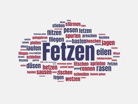 Das Wort - Fetzen - abgebildet in einer Wortwolke mit zusammenh&auml;ngenden W&ouml;rtern