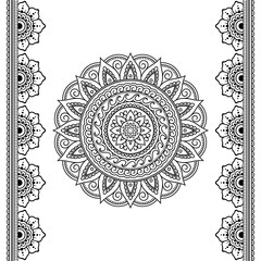 Set of Mehndi flower pattern mandala and seamless border for Henna drawing and tattoo. Decoration in oriental, Indian style.