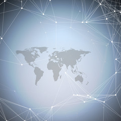 Black world map with chemistry pattern, connecting lines and dots. Molecule structure on white. Scientific medical DNA research. Science or technology concept. Geometric design abstract background.