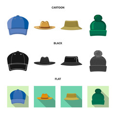 Vector illustration of headgear and cap icon. Collection of headgear and accessory vector icon for stock.