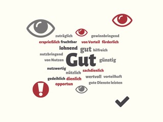 Das Wort - Gut - abgebildet in einer Wortwolke mit zusammenhängenden Wörtern