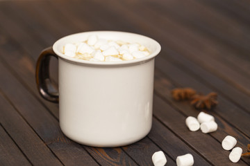 Cup of cocoa with marshmallows on wooden background