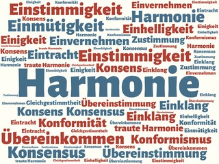 Das Wort - Harmonie - abgebildet in einer Wortwolke mit zusammenhängenden Wörtern