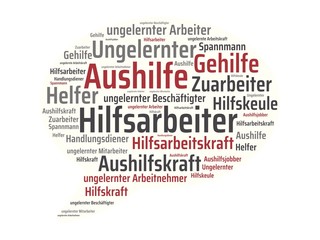 Das Wort - Hilfsarbeiter - abgebildet in einer Wortwolke mit zusammenhängenden Wörtern