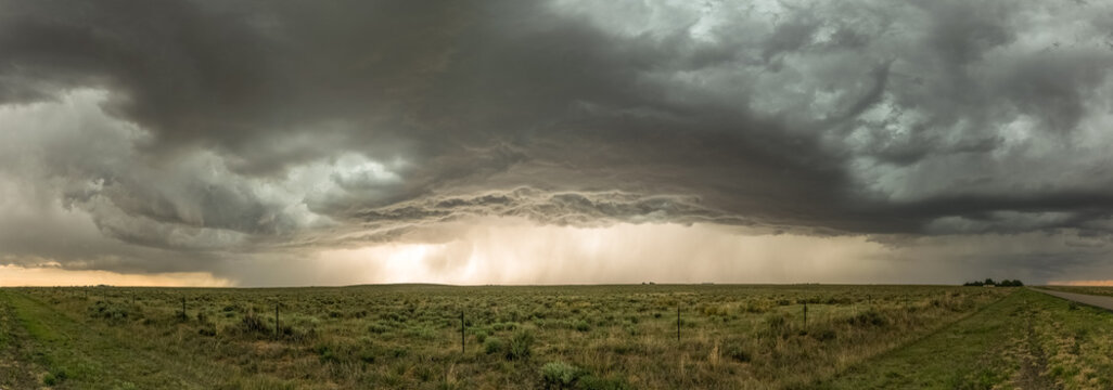 Panorama of a severe thunderstorm over the Black Mesa Park at the border of Oklahoma and New Mexico