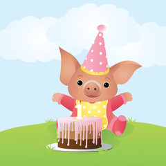 Obraz premium Happy pig celebrating his first birthday. Vector illustration.