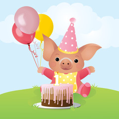 Happy pig celebrating his first birthday. Vector illustration.