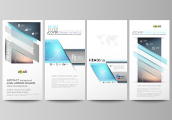 The minimalistic abstract vector illustration of editable layout of four modern vertical banners, flyers design business templates. Molecule structure. Science, technology concept. Polygonal design.