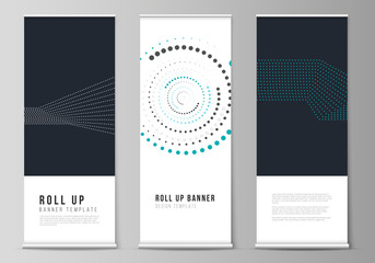 The vector illustration of the editable layout of roll up banner stands, vertical flyers, flags design business templates with simple geometric background made from dots, circles.