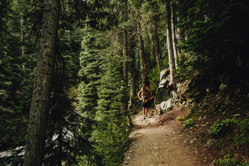 Man with Beard walking through forest with yellow backpack