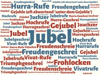 Das Wort - Jubel - abgebildet in einer Wortwolke mit zusammenhängenden Wörtern