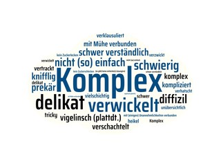 Das Wort - Komplex - abgebildet in einer Wortwolke mit zusammenhängenden Wörtern