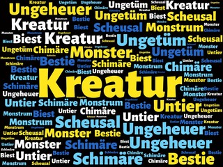 Das Wort - Kreatur - abgebildet in einer Wortwolke mit zusammenhängenden Wörtern