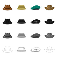 Vector illustration of headgear and cap sign. Collection of headgear and accessory vector icon for stock.