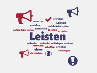 Das Wort - Leisten - abgebildet in einer Wortwolke mit zusammenhängenden Wörtern