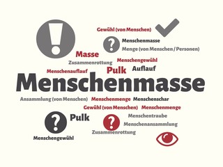 Das Wort - Menschenmasse - abgebildet in einer Wortwolke mit zusammenhängenden Wörtern