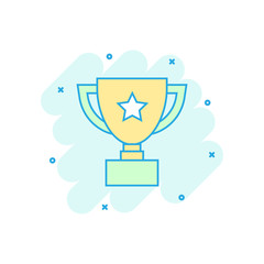 Vector cartoon trophy cup icon in comic style. Winner sign illustration pictogram. Award prize business splash effect concept.