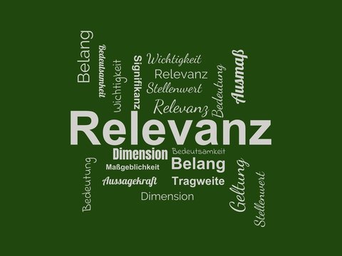 Das Wort - Relevanz - abgebildet in einer Wortwolke mit zusammenhängenden Wörtern