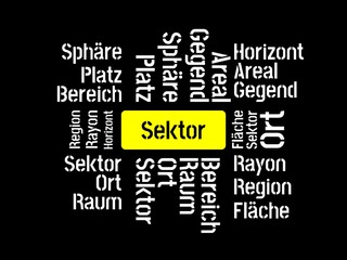 Das Wort - Sektor - abgebildet in einer Wortwolke mit zusammenhängenden Wörtern
