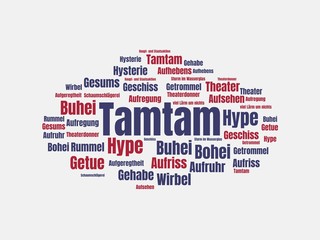 Das Wort - Tamtam - abgebildet in einer Wortwolke mit zusammenhängenden Wörtern