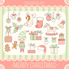 Set of cute Christmas party icons in retro style