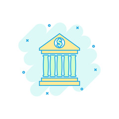 Vector cartoon bank building with dollar sign icon in comic style. Bank sign illustration pictogram. Building business splash effect concept.