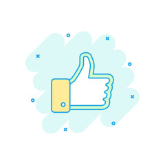 Vector cartoon like icon in comic style. Thumb up sign illustration pictogram. Like business splash effect concept.