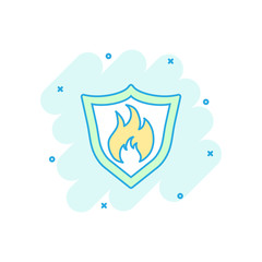Vector cartoon fire warning shield sign icon in comic style. Flame protection sign illustration pictogram. Fire business splash effect concept.