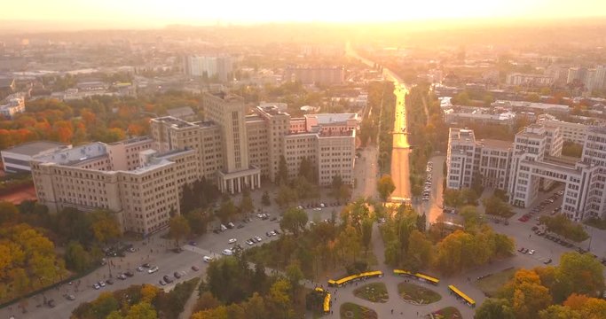 Aerial view on the Derzhprom or Gosprom building is a constructivist structure located in Freedom Square, Kharkiv, Ukraine