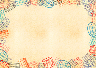 Horizontal a4 size yellow sheet of old paper with frame made from different travel visa stamps
