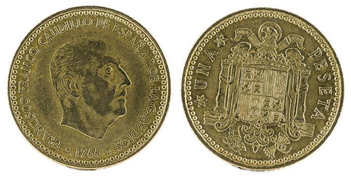 Old Spanish coin of 1 peseta, Francisco Franco. Year 1966, 19 73 in the stars.