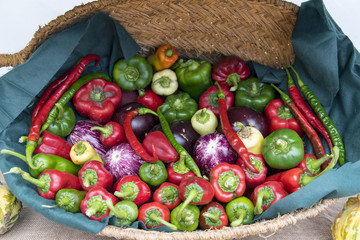 Pimientos picantes y otros tipos de resaltan por su colorido y por su diversidad una vez en el mercado junto con otros vegetales