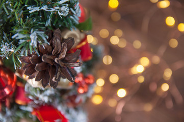 Happy new year and Merry Christmas concept. Christmas tree with new year decoration and bokeh on...