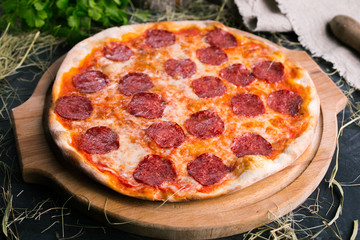 Pizza salami on wooden background