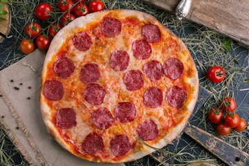 Pizza salami on wooden background