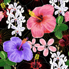 Panele Szklane  Kolor różowy wzór hibiskusa i białe kwiaty orchidei i liście na czarnym tle. Ilustracja wektorowa rysunek ręka.