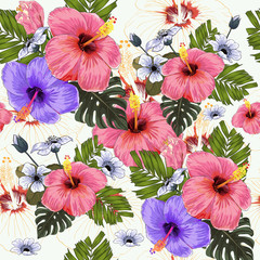 Seamless pattern Hibiscus, wild flowers and Monstera leaves on isolated white background.Vector illustration watercolor drawing.