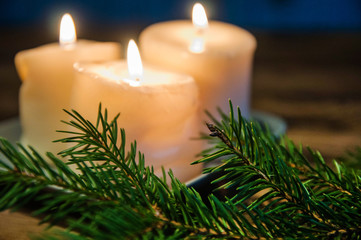 Happy new year and Merry Christmas concept. Christmas tree with new year decoration and bokeh on the wooden background.