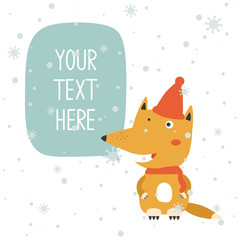 Hand drawn illustration, happy fox and place for text here. Colorful background vector. Poster design with animal, snow, english text. Animal who speak, card. Decorative backdrop, good for printing