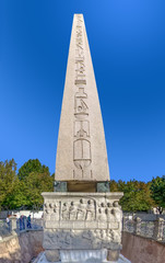 Obelisk of Theodosius or Egyptian Obelisk in ancient Hippodrome near Sultanahmet,Blue Mosque in Istanbul, Turkey
