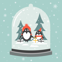 Colorful background with snow globe. Penguins  in hats. Decorative cute backdrop vector. Hand drawn poster design with animal. Happy New Year, festal greeting card. Winter time