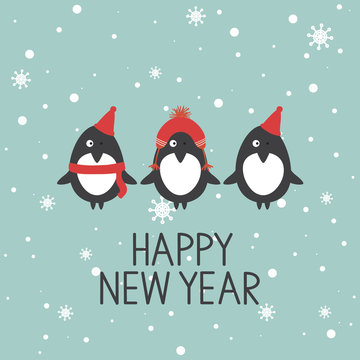 Hand drawn illustration with happy penguins, snow and lettering. Colorful background vector. Happy New Year, poster design. Decorative backdrop with english text, animal. Funny card, phrase