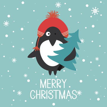 Hand drawn illustration with happy penguin, fir tree, snow and lettering. Colorful background vector. Merry Christmas, poster design. Decorative backdrop with english text, animal. Funny card, phrase