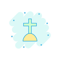 Vector cartoon halloween grave icon in comic style. Gravestone sign illustration pictogram. Rip business splash effect concept.
