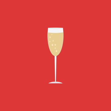 Champagne glass icon on red background. Christmas alcoholic drink.