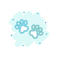 Vector cartoon paw print icon in comic style. Dog or cat pawprint sign illustration pictogram. Animal business splash effect concept.