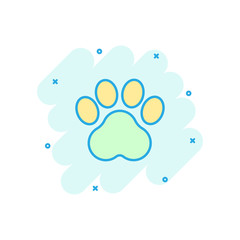 Vector cartoon paw print icon in comic style. Dog or cat pawprint sign illustration pictogram. Animal business splash effect concept.