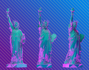 Vaporwave Statue of Liberty Set, New York landmark, American symbol Vector 3D Rendering