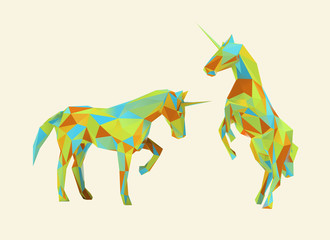 Colorful Unicorn Isolated Vector Illustration Set 3D Low Poly Rendering