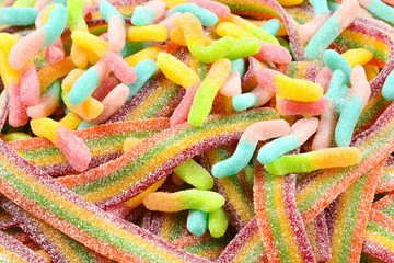 Assorted gummy candies. Top view. Jelly  sweets.